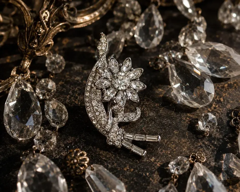 Clear Rhinestone Floral Spray Brooch Silver Tone Vintage Style Statement Pin